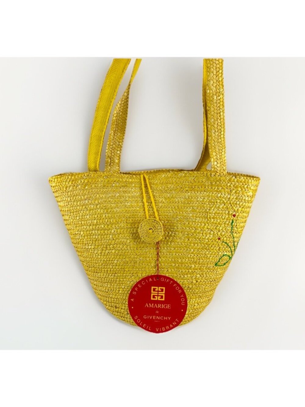 Amarige de Givenchy Straw Tote Bag Yellow Floral Embroidered